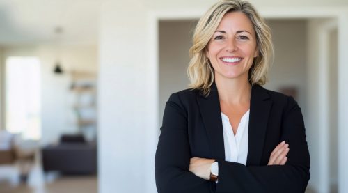a happy and successful female realtor, businesswoman and real estate agent presents a new home or office. Her role as a consultant highlights expertise in the real estate market.