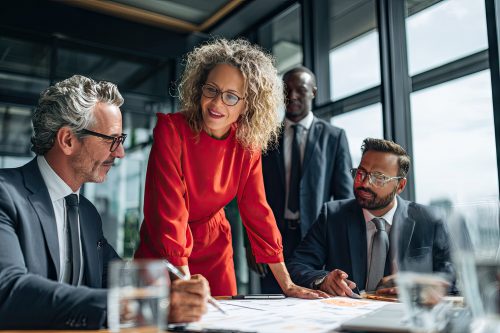 1ï¸âƒ£ A group of business people in an office setting, discussing and pointing at documents on the table with glasses of water nearby. The woman is standing up wearing a red dress, while one man in a suit is sitting down next to her. Another person stands behind them, watching over their shoulder, as natural light streams in from the large windows. --ar 3:2 --v 7 Job ID: 9212fa4d-d00c-4da6-b3b7-0f587a356ec2