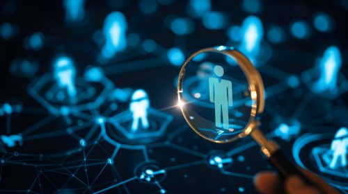A conceptual image illustrating the process of human resource management and recruitment in business, depicting the search for the most talented and suitable employee for a company.