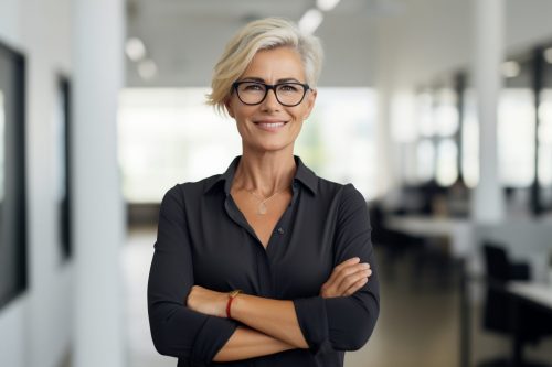 Business concept. Portrait of middle aged businesswoman ceo standing in office with arms crossed. Neutral office background with copy space. Generative AI