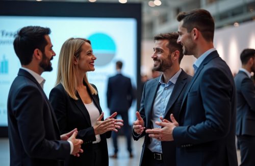Four businesspeople engage in animated discussion at trade show. Business attire indicates pro setting. Diverse group converses likely focused on business opportunities ideas. Large presentation